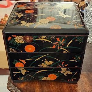 Asian Floral Black Lacquered Bento Box, Set Of 3